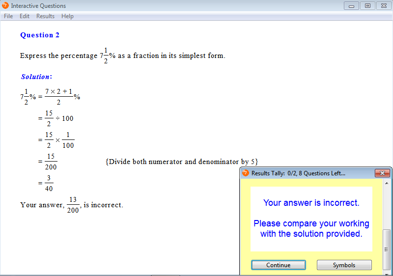 Solution for a question from Year 7 Interactive Maths, Chapter 10: Percentages, Exercise 2: Changing a Percentage to a Fraction.